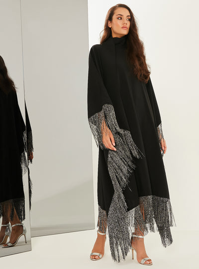 Silver Fringed Kaftan Dress With Tie Neck Detailed