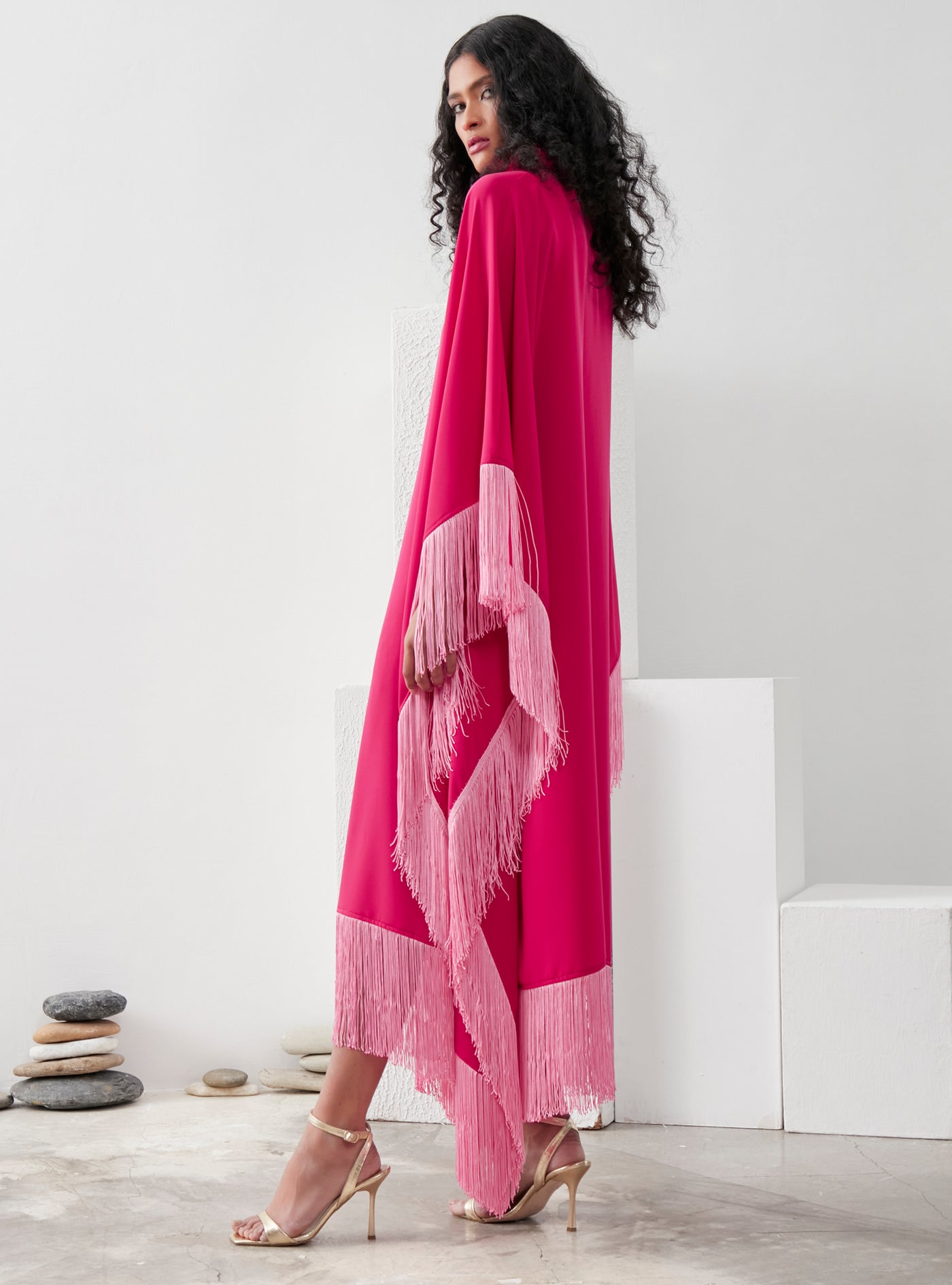 Fushia Pink Fringed Kaftan Dress With Tie Neck Detailed