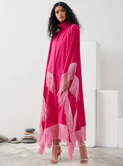Fushia Pink Fringed Kaftan Dress With Tie Neck Detailed