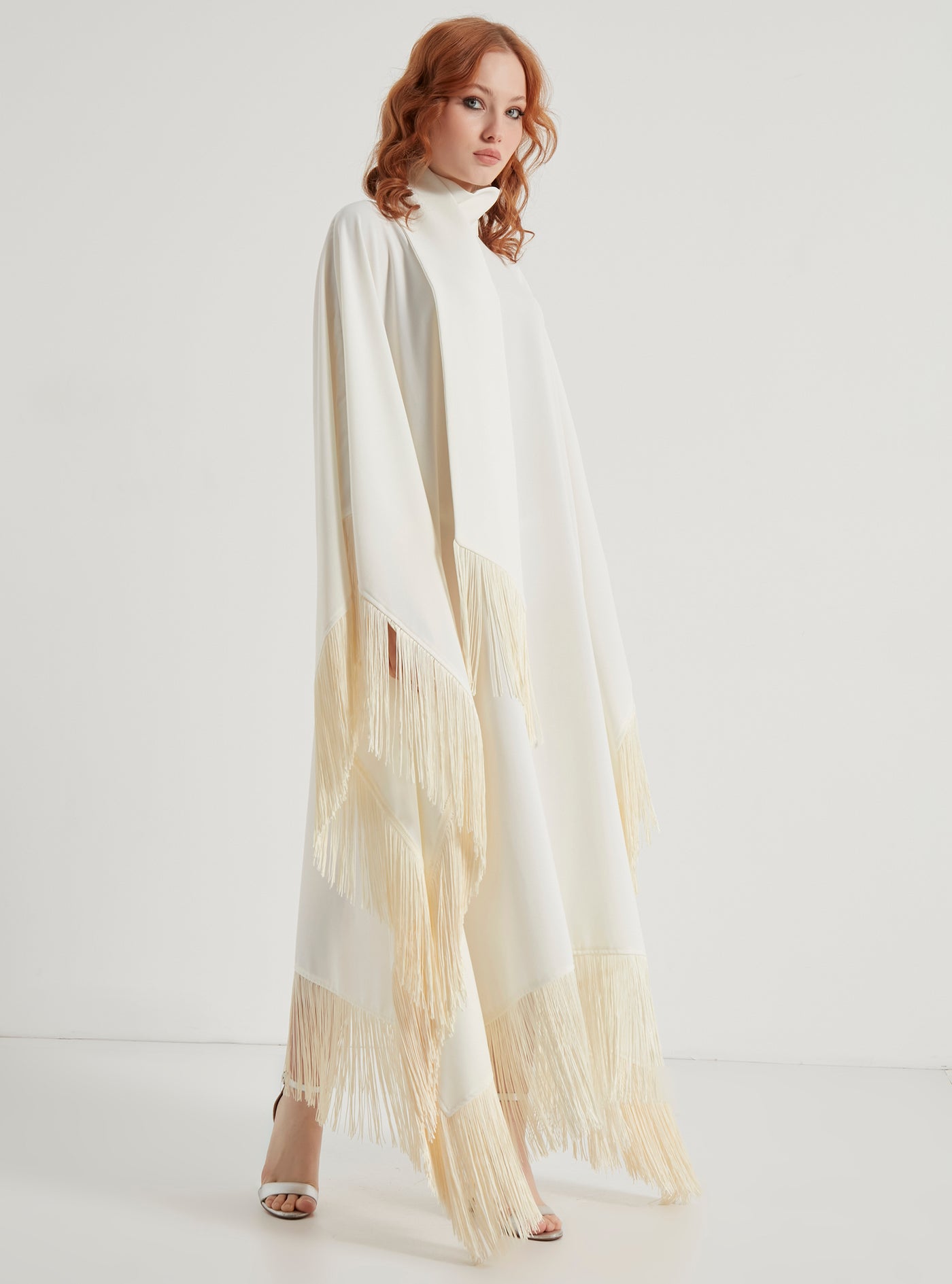 Off White Fringed Kaftan Dress With Tie Neck Detailed
