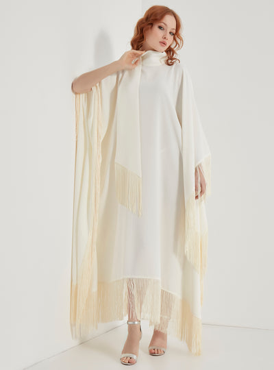 Off White Fringed Kaftan Dress With Tie Neck Detailed